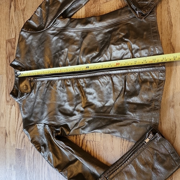(XXS) le Chateau Metallic Bronze Moto Leather Ruched Zipper Jacket - Picture 3 of 13
